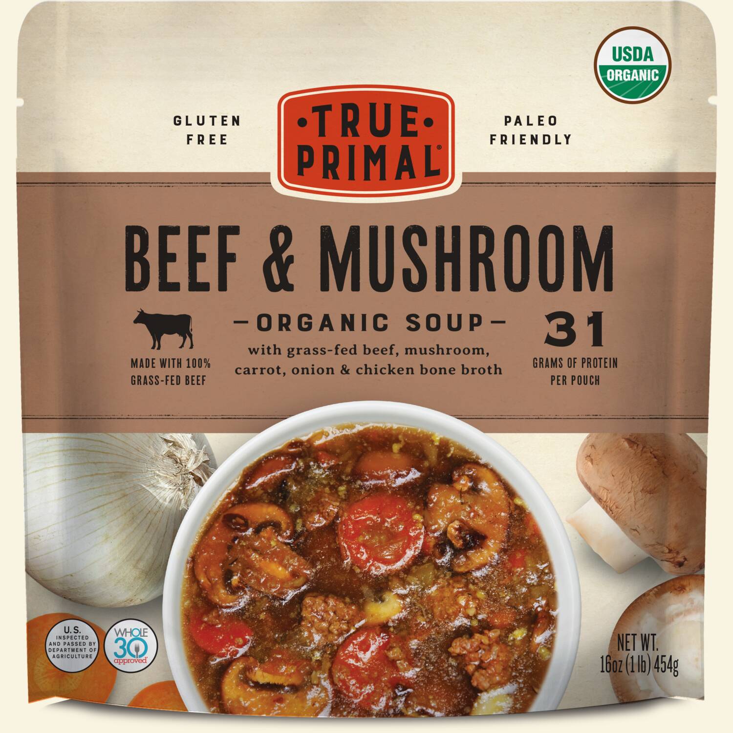 True Primal Beef and Mushroom Organic Soup in pouch, front