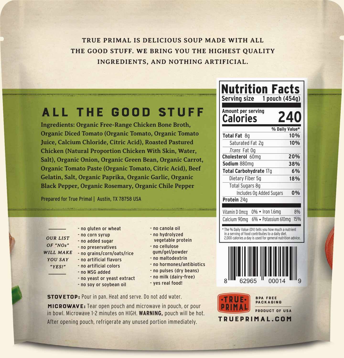 True Primal Chicken & Vegetable Soup in pouch, back of label. UPC: 862965000149.