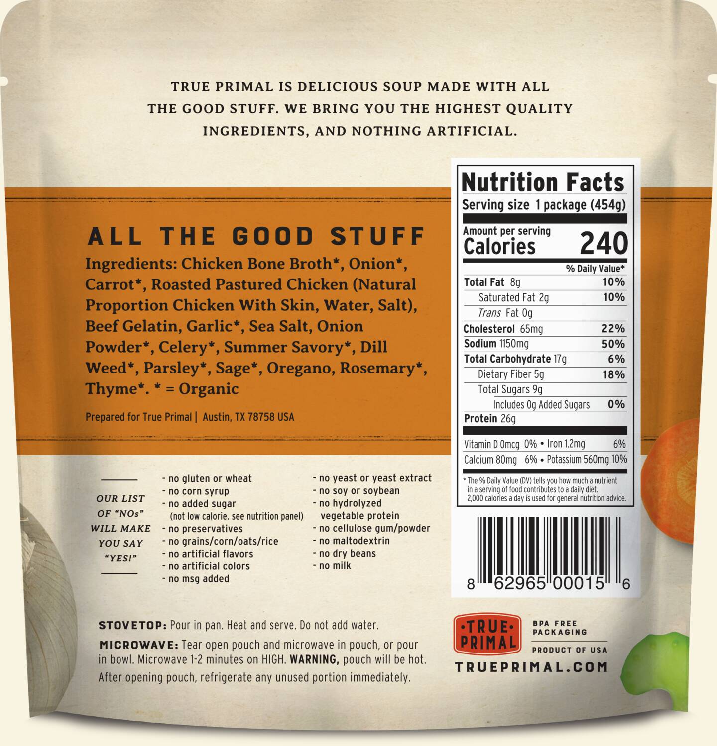True Primal Roasted Chicken Soup in pouch, back of label. UPC: 862965000156.