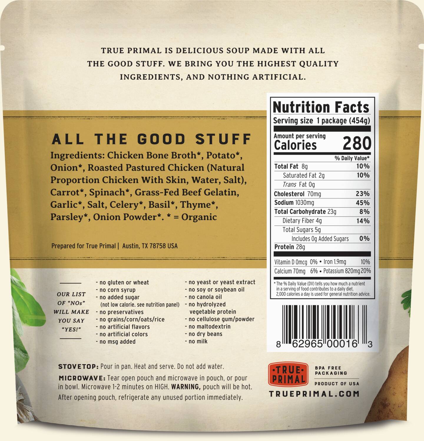 True Primal Tuscan-Style Chicken Soup in pouch, back of label. UPC: 862965000163.