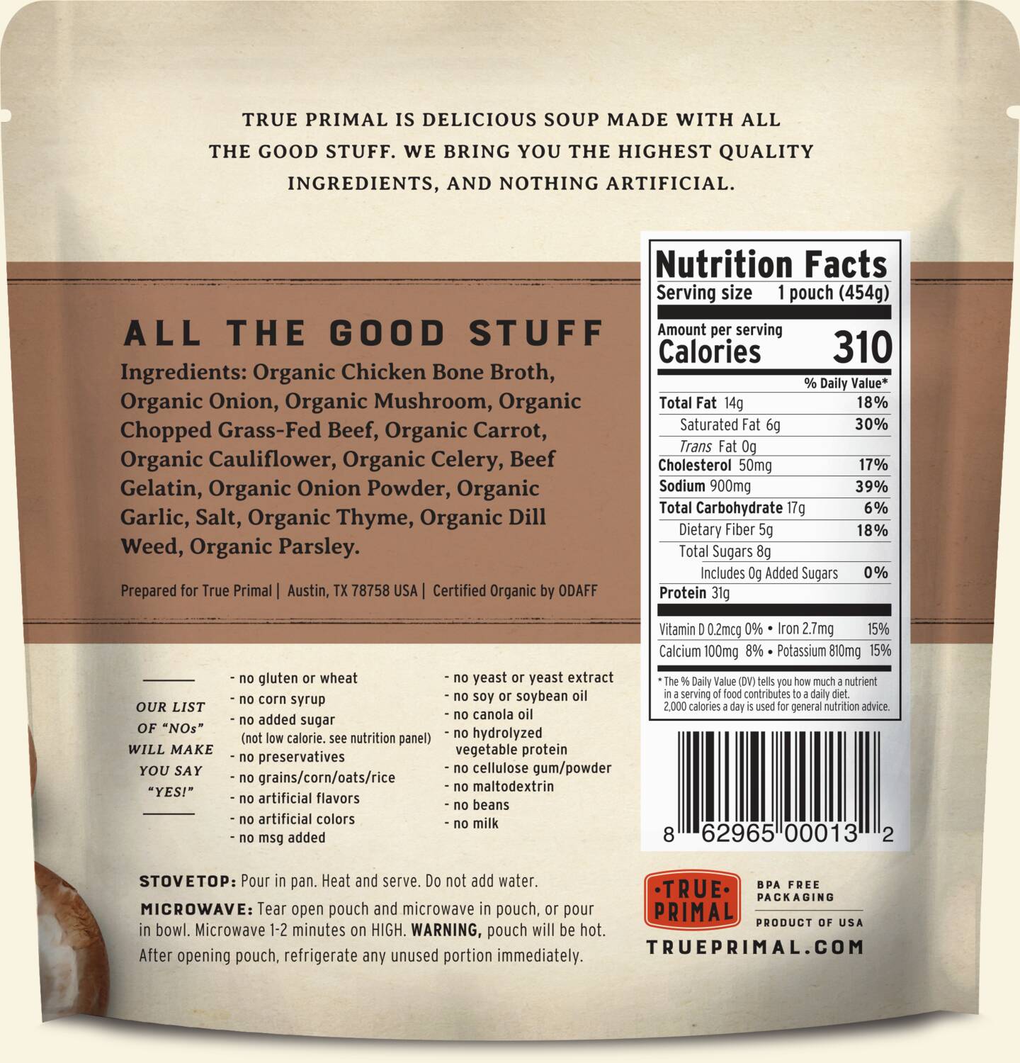 True Primal Beef and Mushroom Organic Soup in pouch, back of label. UPC: 862965000132.