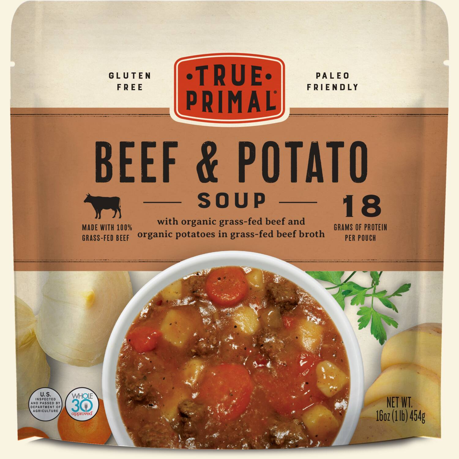 True Primal Beef & Potato Soup in pouch, front