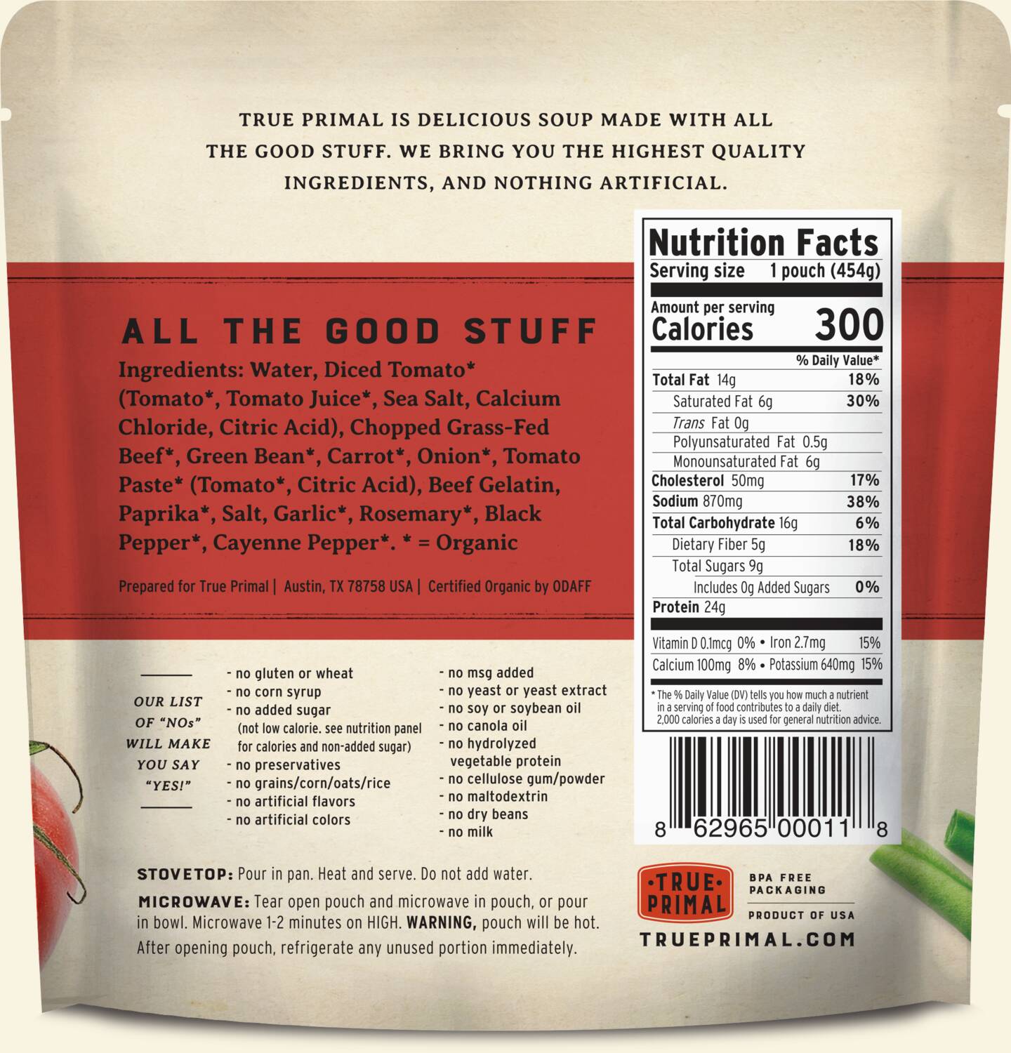 True Primal Beef and Vegetable Organic Soup in pouch, back of label. UPC: 862965000118.
