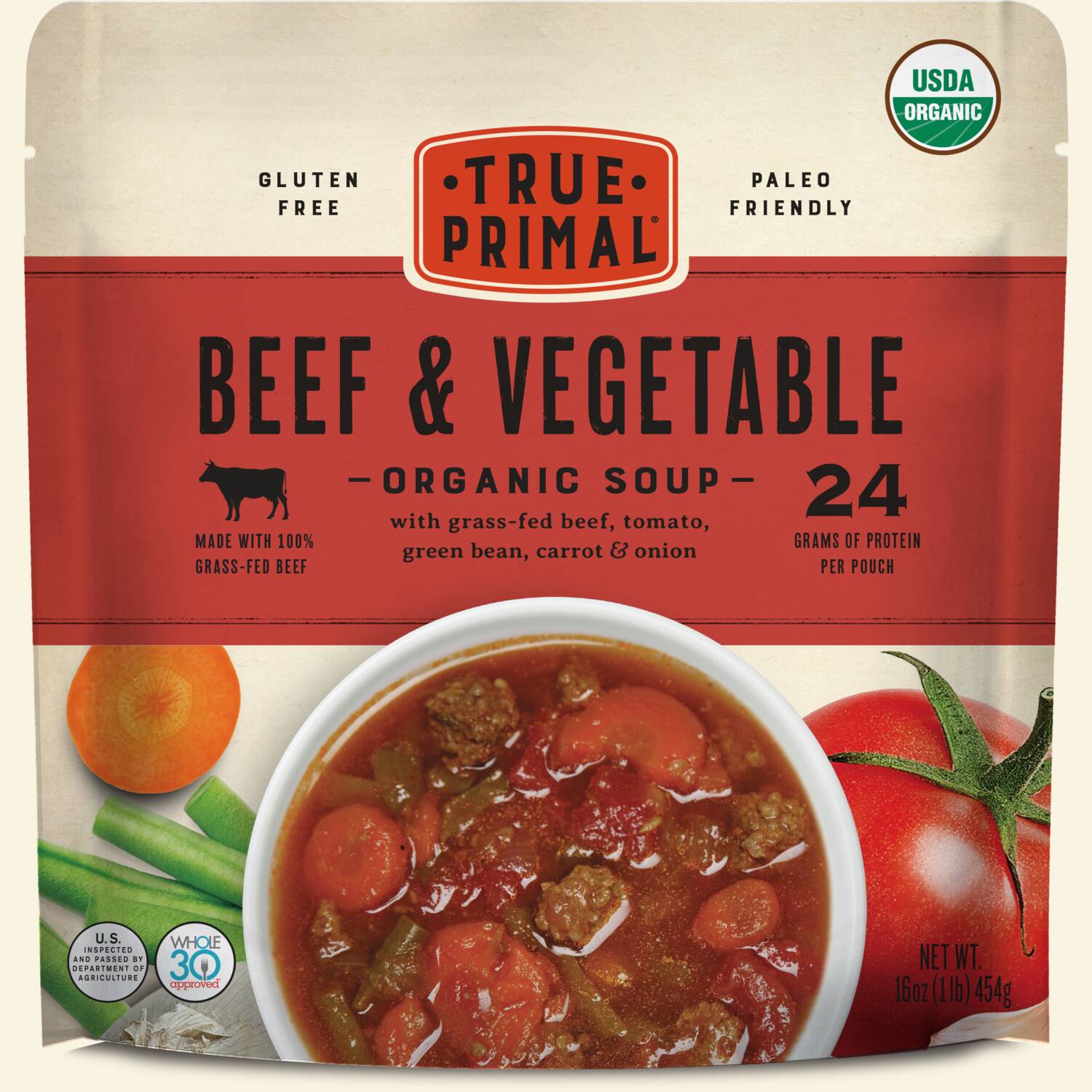 True Primal Beef and Vegetable Organic Soup in pouch, front