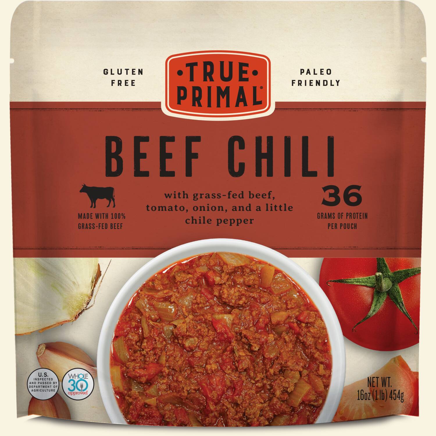 True Primal Beef Chili in pouch, front
