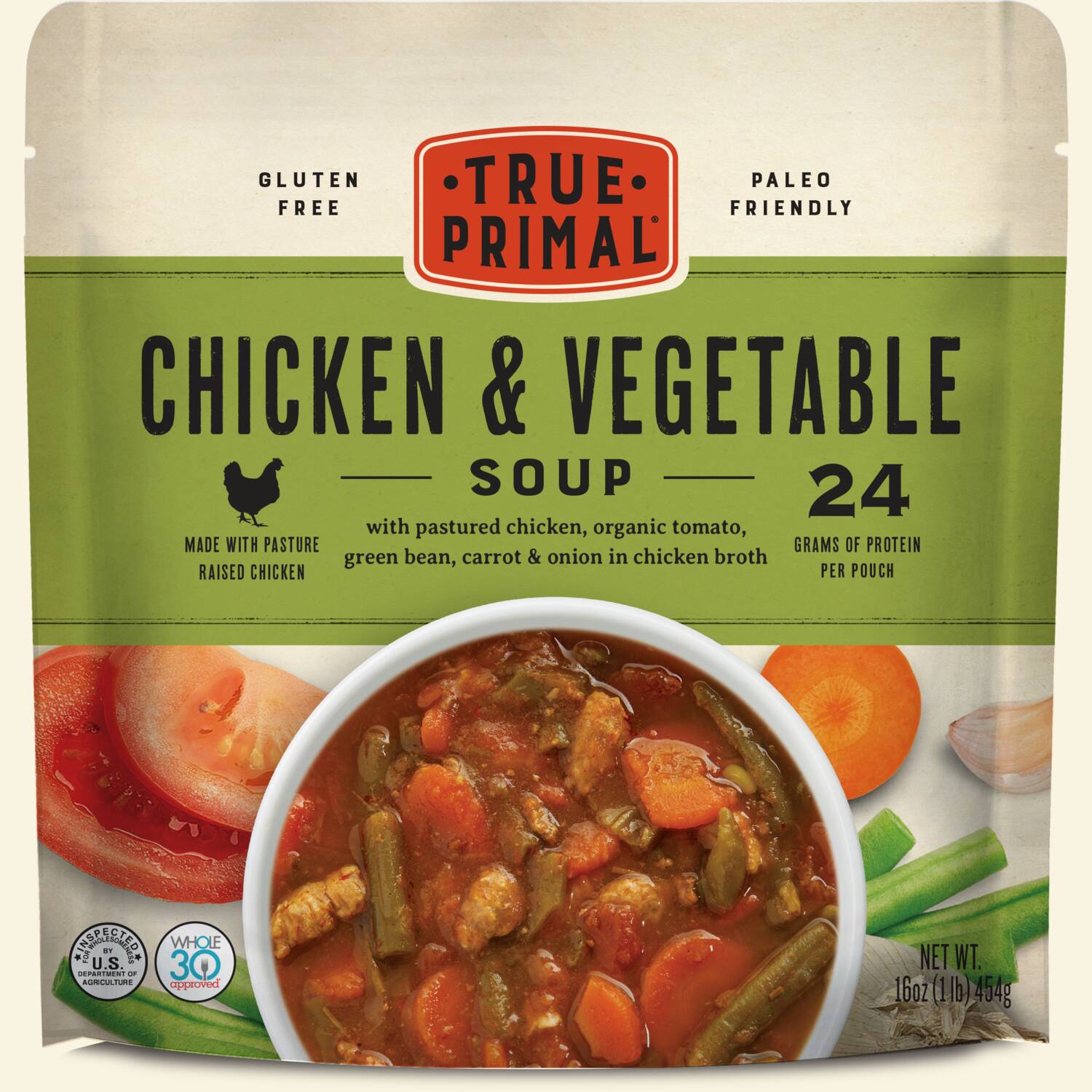 True Primal Chicken & Vegetable Soup in pouch, front