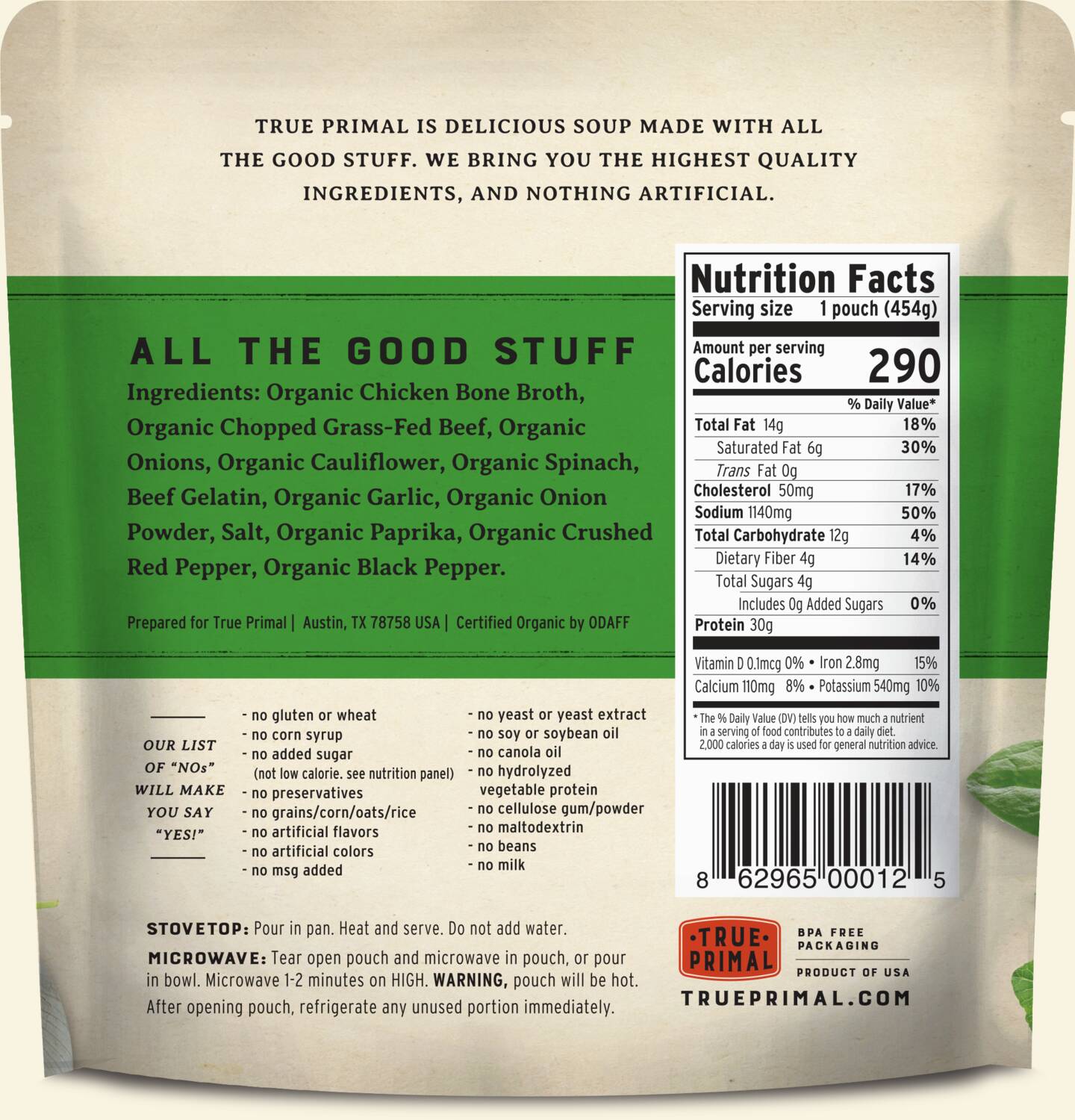 True Primal Savory Wedding Organic Soup in pouch, back of label. UPC: 862965000125.