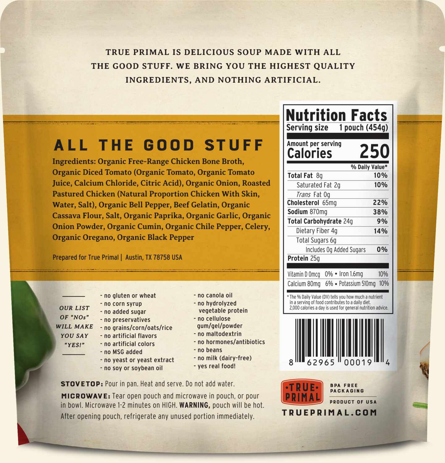True Primal Southwest-Style Chicken Soup in pouch, back of label. UPC: 862965000194.