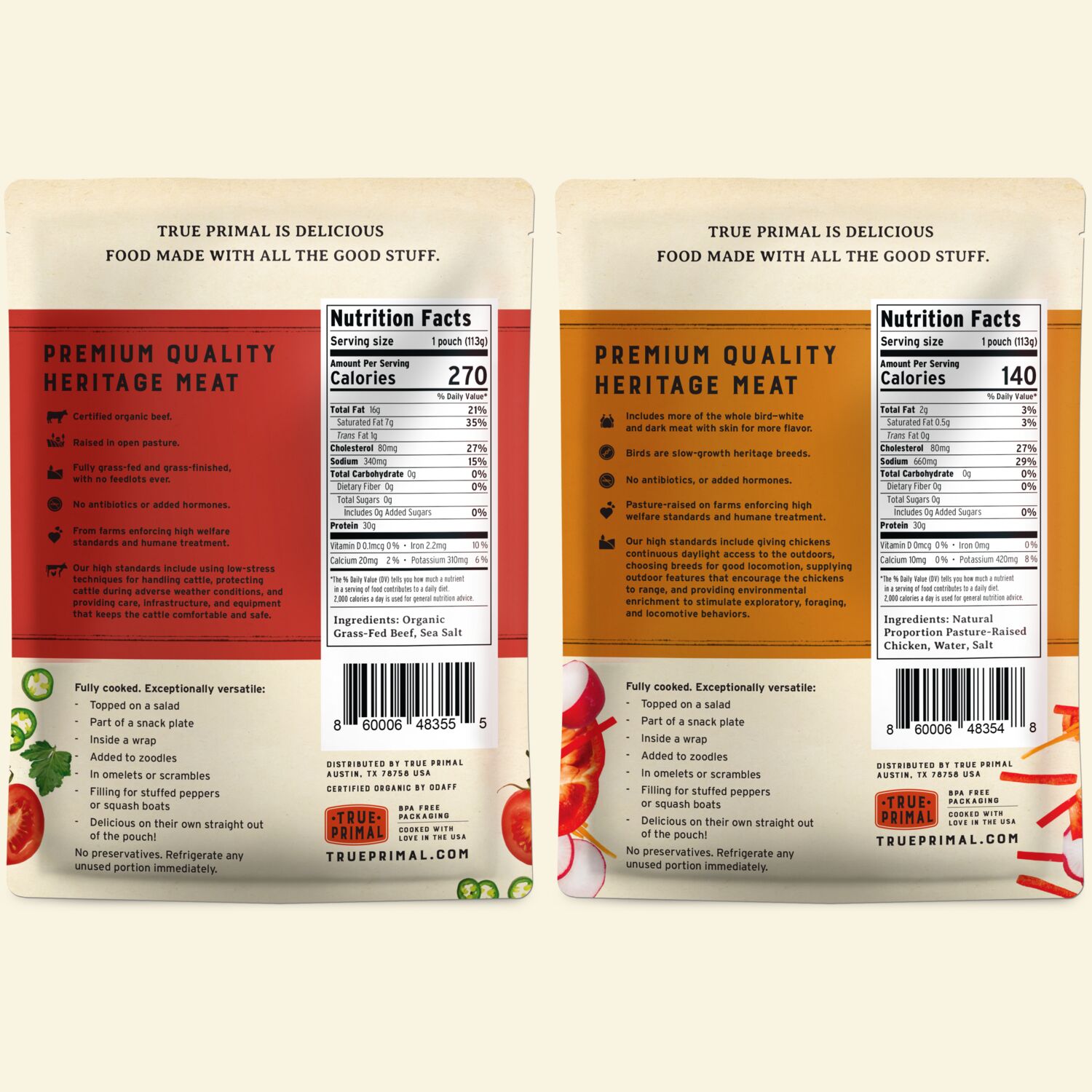 True Primal Mini Meatballs Variety Grass-fed Beef & Pastured Chicken pouch back