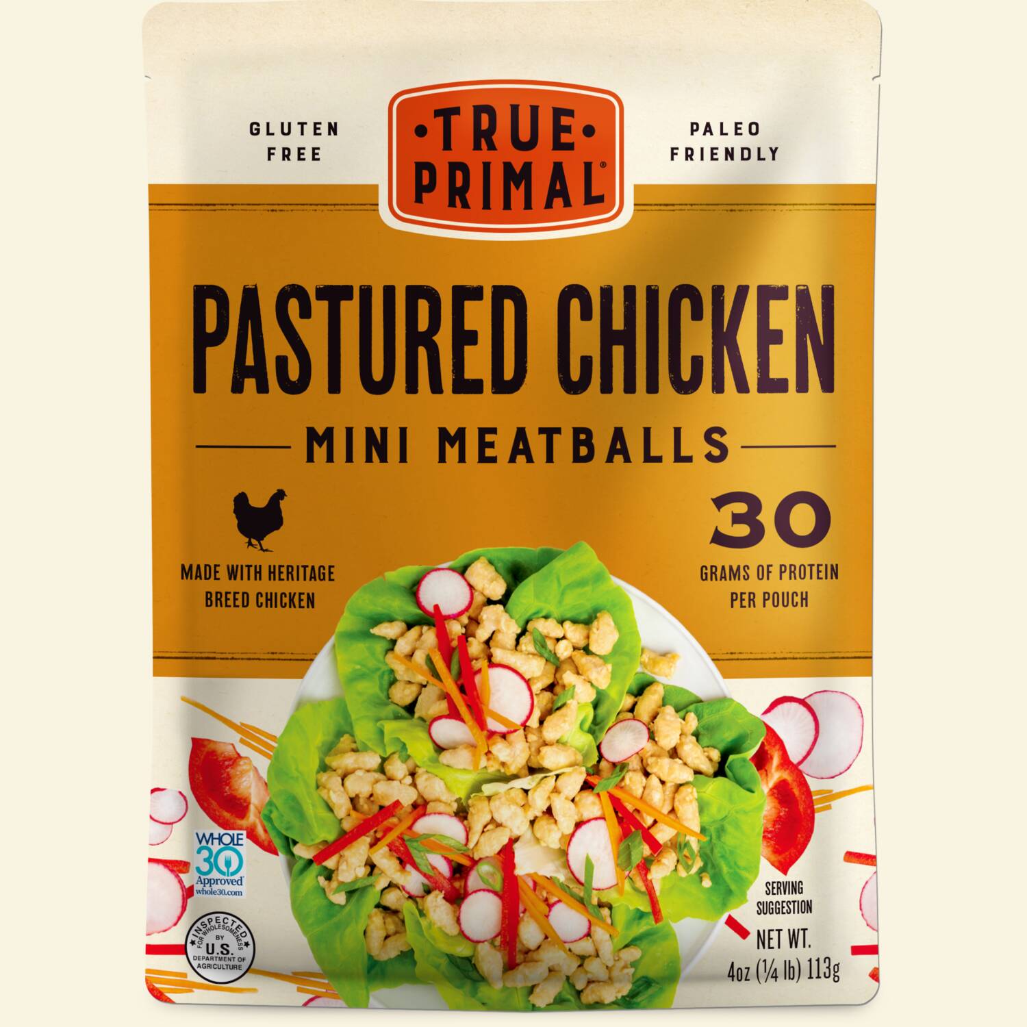 True Primal Pastured Chicken Mini Meatballs in pouch, front