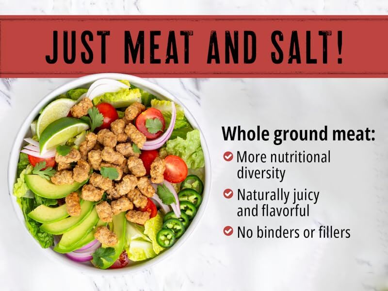 bowl of salad with beef mini meatballs and text saying just meat and salt
