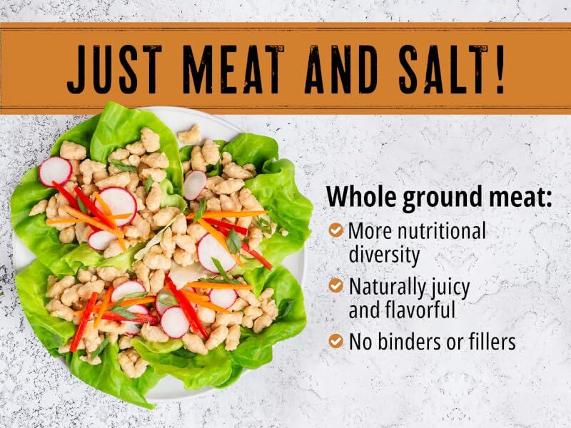 lettuce cups with chicken mini meatballs and text saying just meat and salt