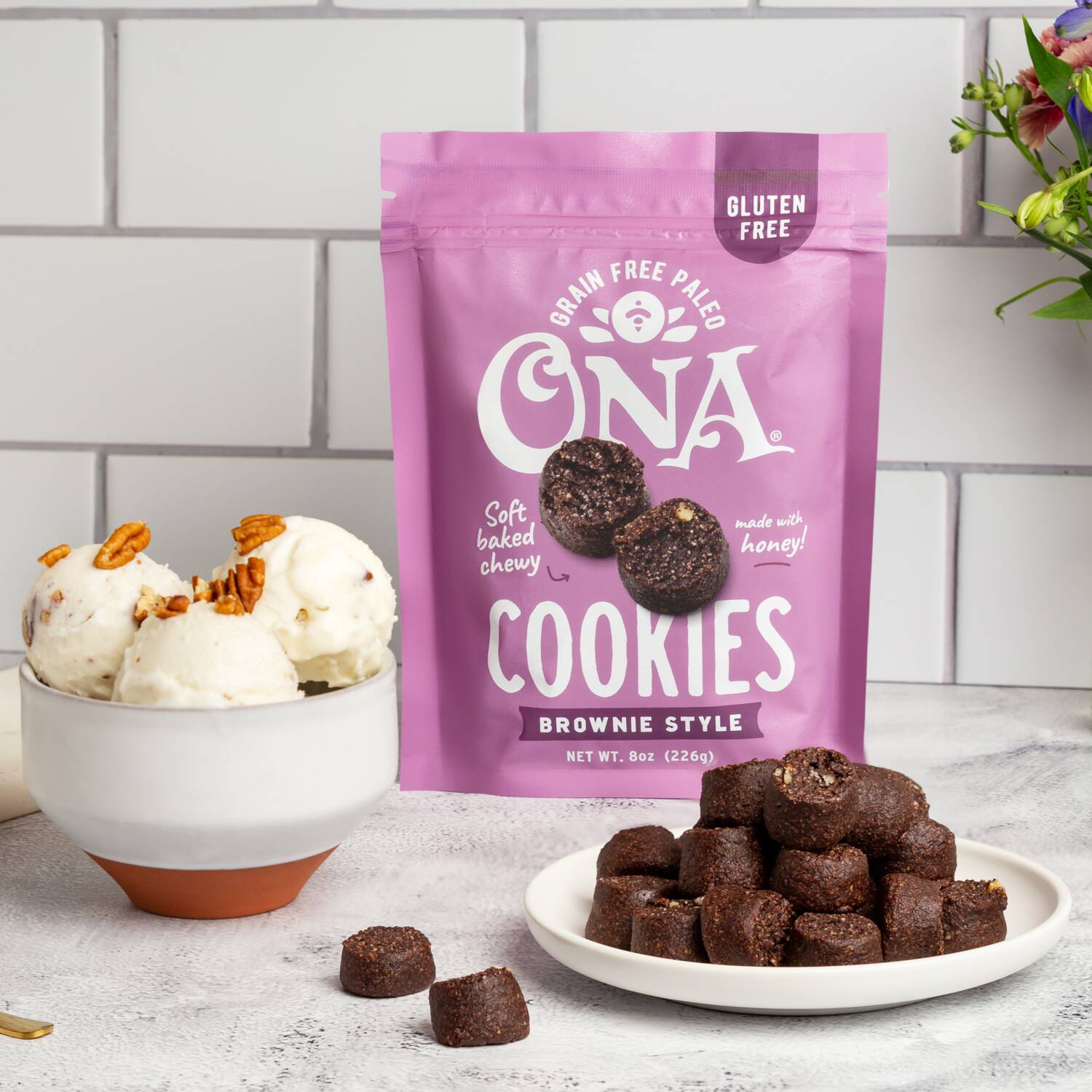 Ona Brownie-Style Cookies with ice cream and pudding