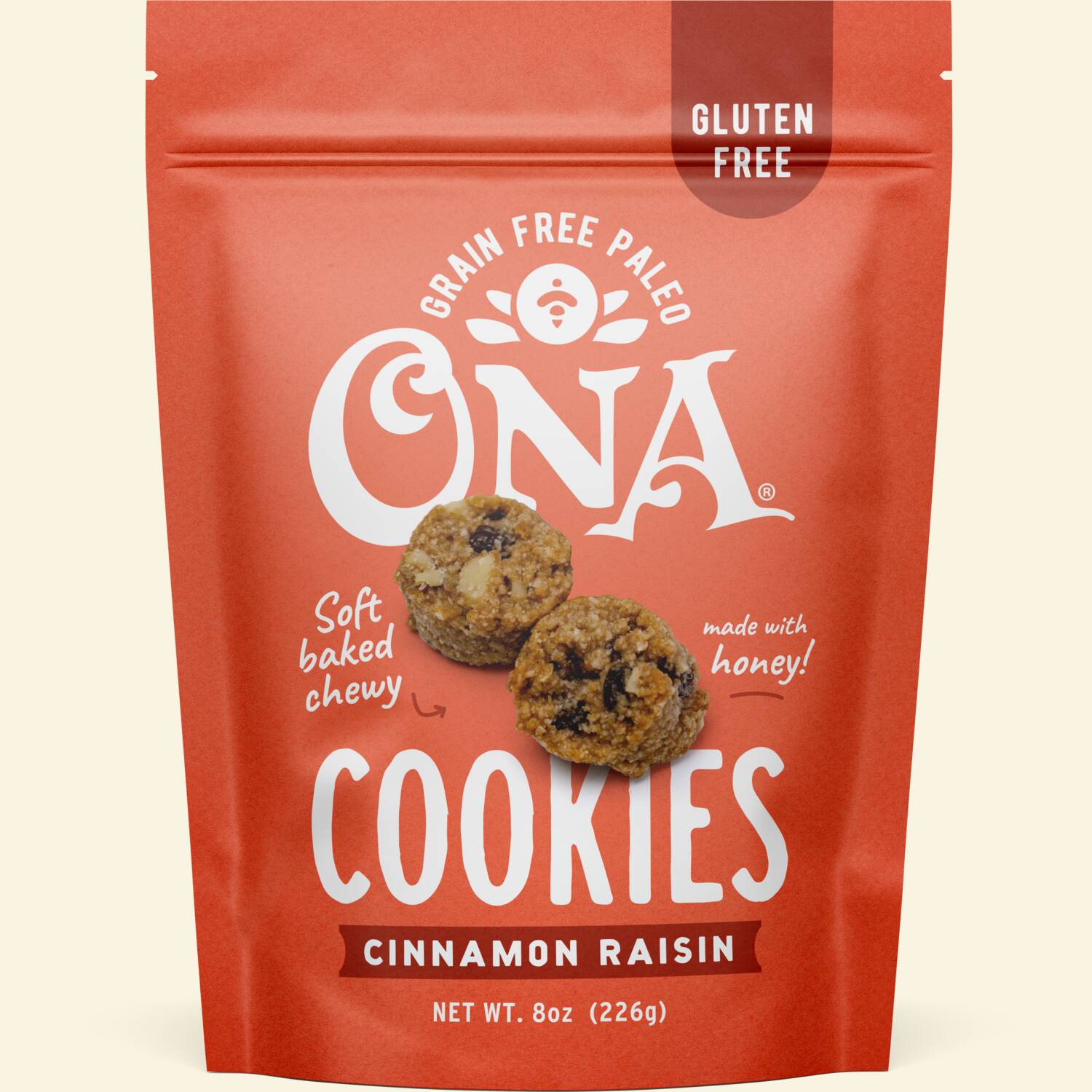 Ona Cinnamon Raisin Cookies in pouch, front
