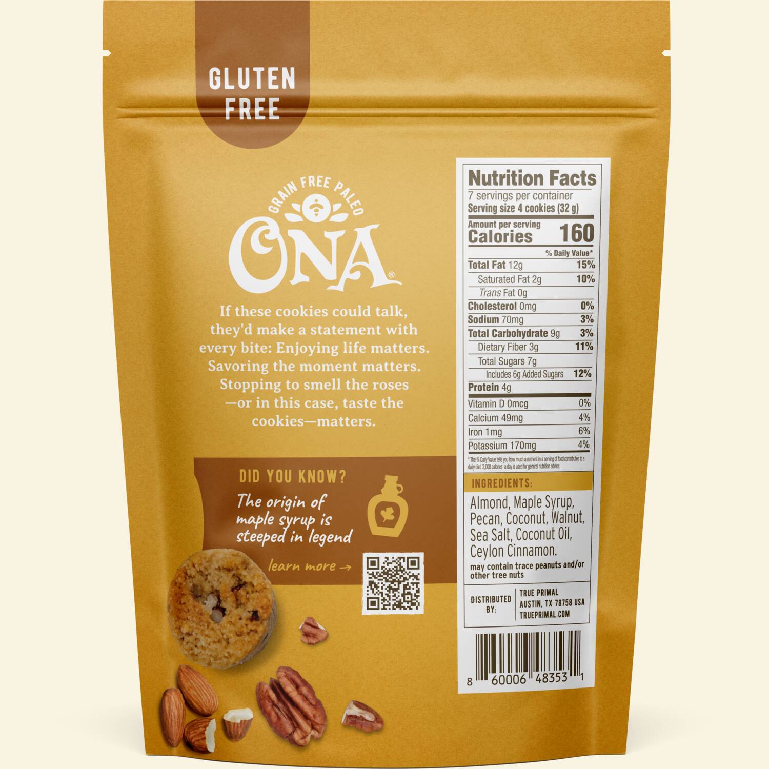 Ona Maple Pecan Cookies in pouch, back