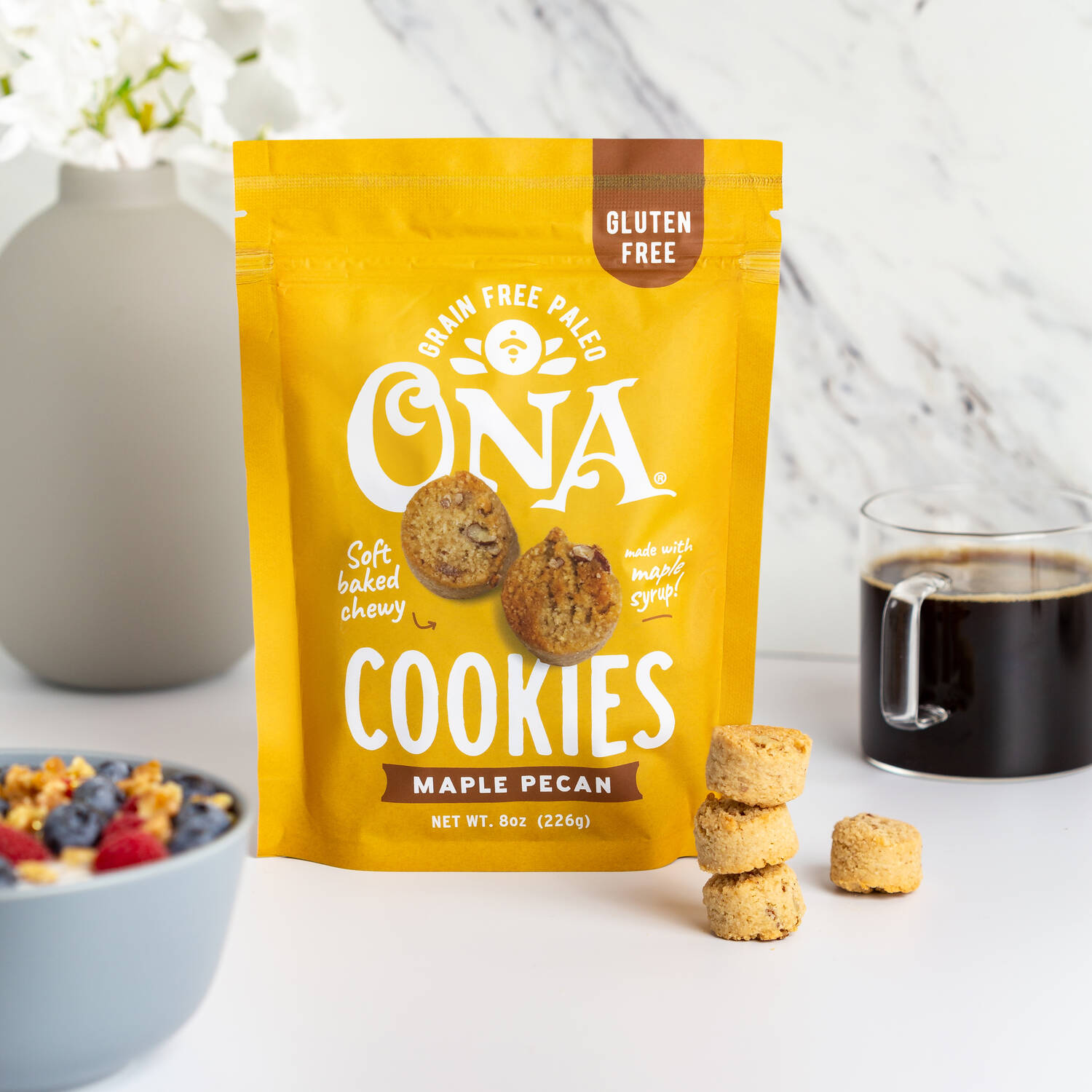 Ona Maple Pecan Cookies with berries and coffee