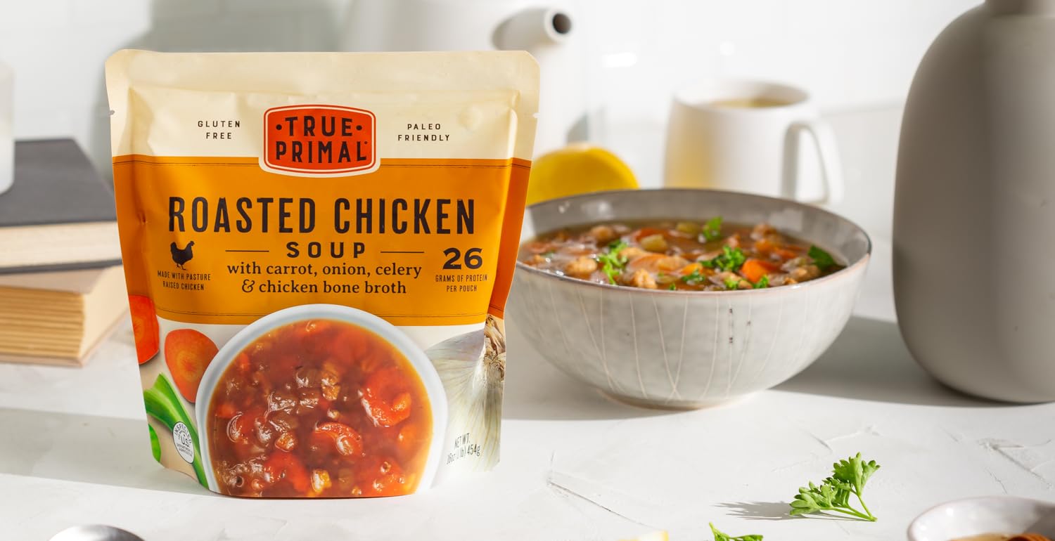 True Primal Roasted Chicken soup pouch and bowl